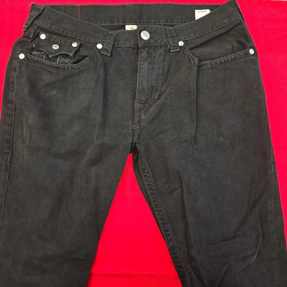 True Religion Straight Leg Washed Black Jeans Signature Horseshoe Pocket Size 38